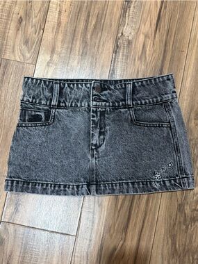 Worship Women's Black Washed Denim Mini Skirt with Embroidered Flowers